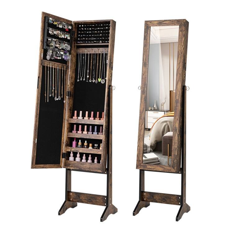 Mirrored Standing Jewelry Cabinet Storage Box - 13" x 14.5" x 56" (L x W x H) - Brown