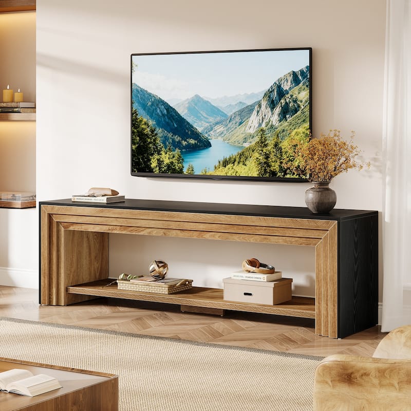Long TV Stand for TVs, Wooden Entertainment Center with Storage Shelves, Low Media Console for Living Room, Bedroom