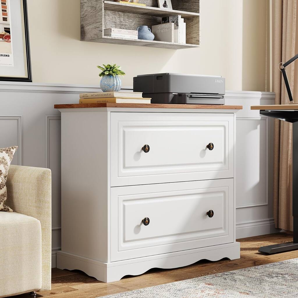 2 Drawer Farmhouse File Cabinet, Lateral Filing Cabinet for Home Office, Compatible for Letter/A4 Size, White
