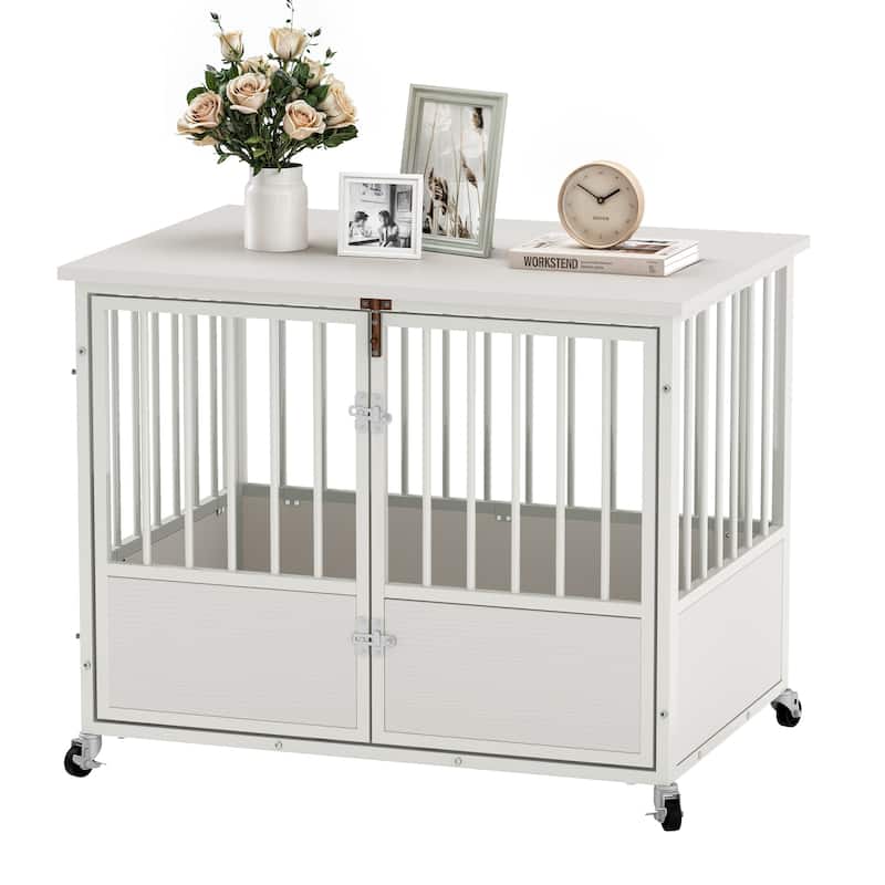 38"/43" Dog Crate Furniture Cage Table with Wheels And Double Doors - 38" - White