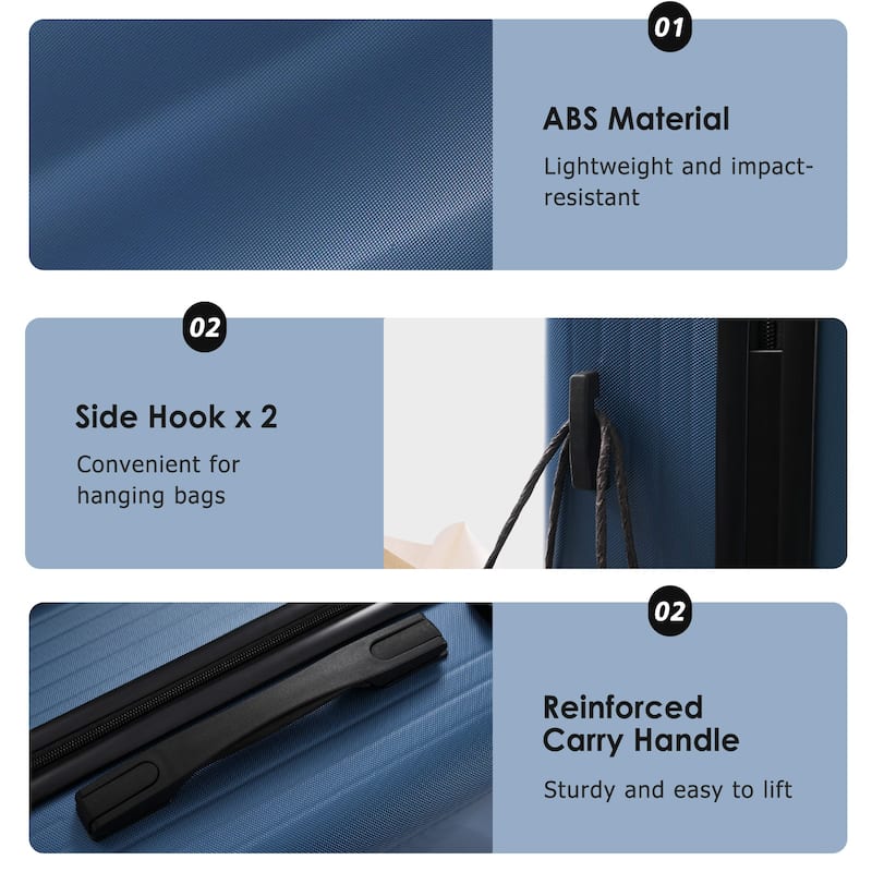 3-Piece, 20, 24, 28-Inch Modern Luggage Sets with Side Hooks and TSA Lock, for Boarding Travel, Dark Blue