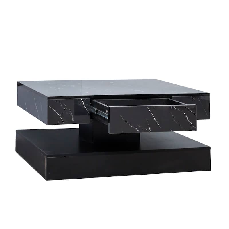 High-Glossy LED Coffee Table with 2 Drawers, Living Room Storage Tables with Marbling Print, Stylish Double-Layer Center Tables