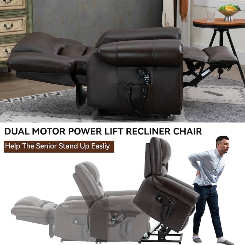 Brown Genuine Leather Power Lift Recliner with Dual Motors, Heated Massage, USB Ports, and Adjustable Recline