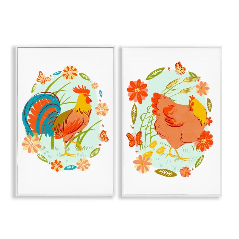 Stupell Rooster & Hen with Florals Framed Giclee Art Design By Hannah Moren (Set of 2) - 12 x 18 - White
