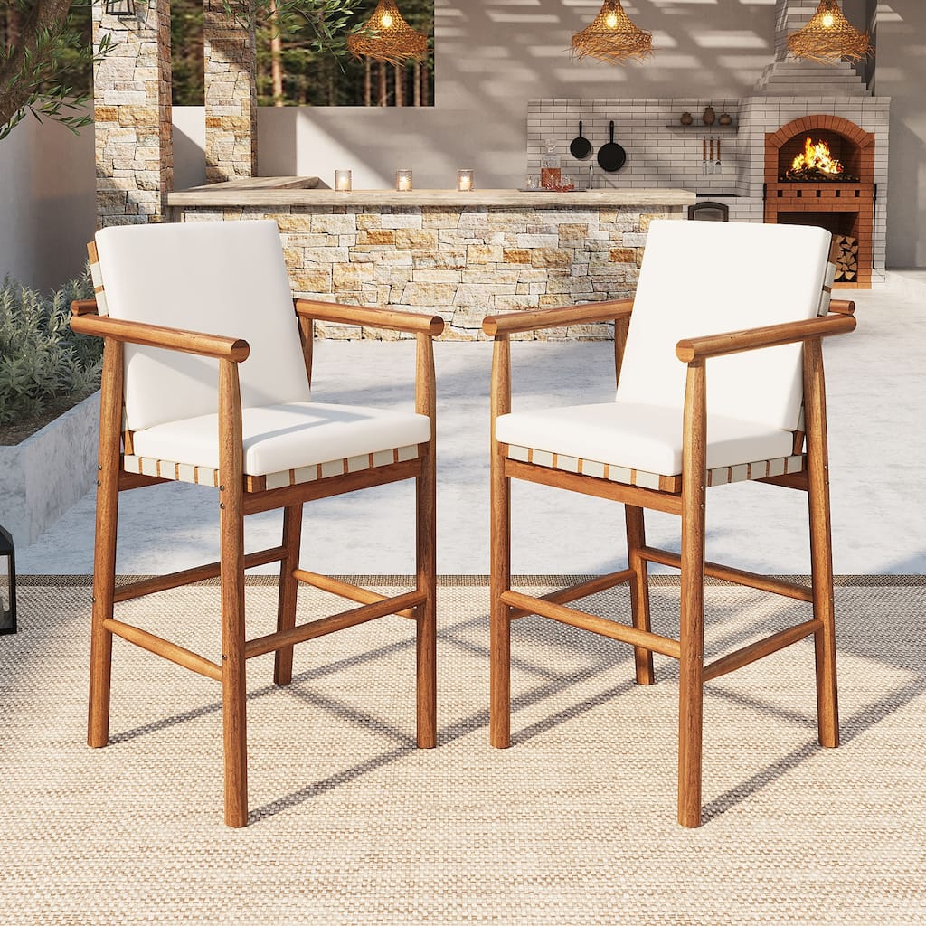 Roomfitters Set of 2 Outdoor Bar Stools with Beige Cushions, Natural Wood High Chairs for Patio Balcony Kitchen, Natural