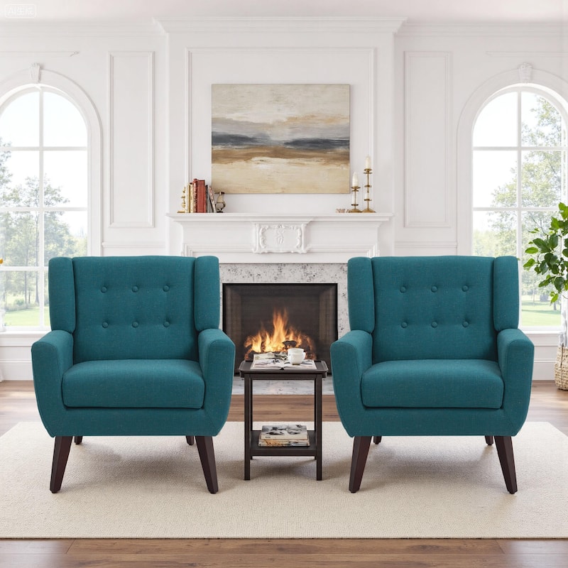2 Set Modern Tufted Linen Upholstered Accent Chair Faux Leather Armchair - Linen - Light Blue Linen