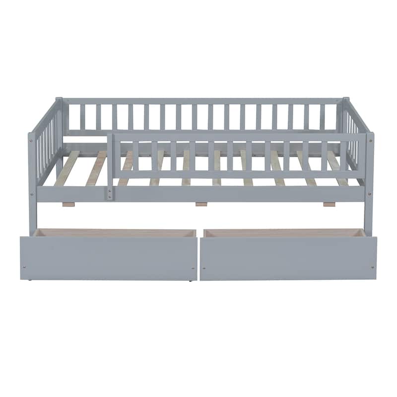 Twin Size Daybed Wood Storage Bed with Pull-out Drawers and Fence