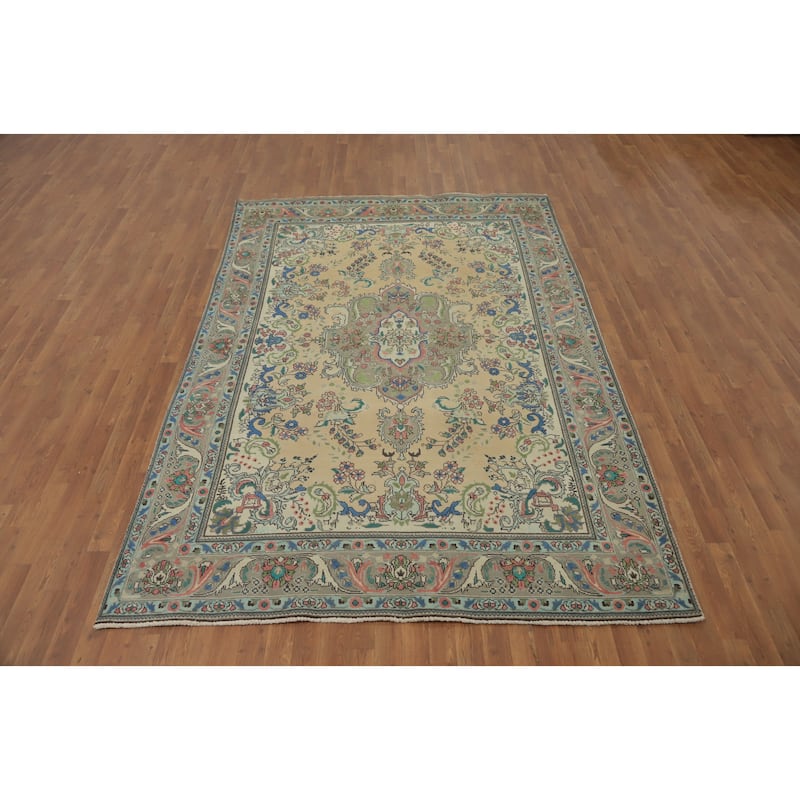 Hand Knotted Oriental 100% Wool Carpet Traditional Floral Beige & Ivories Tabriz Area Rug - 9' 5'' X 6' 5''