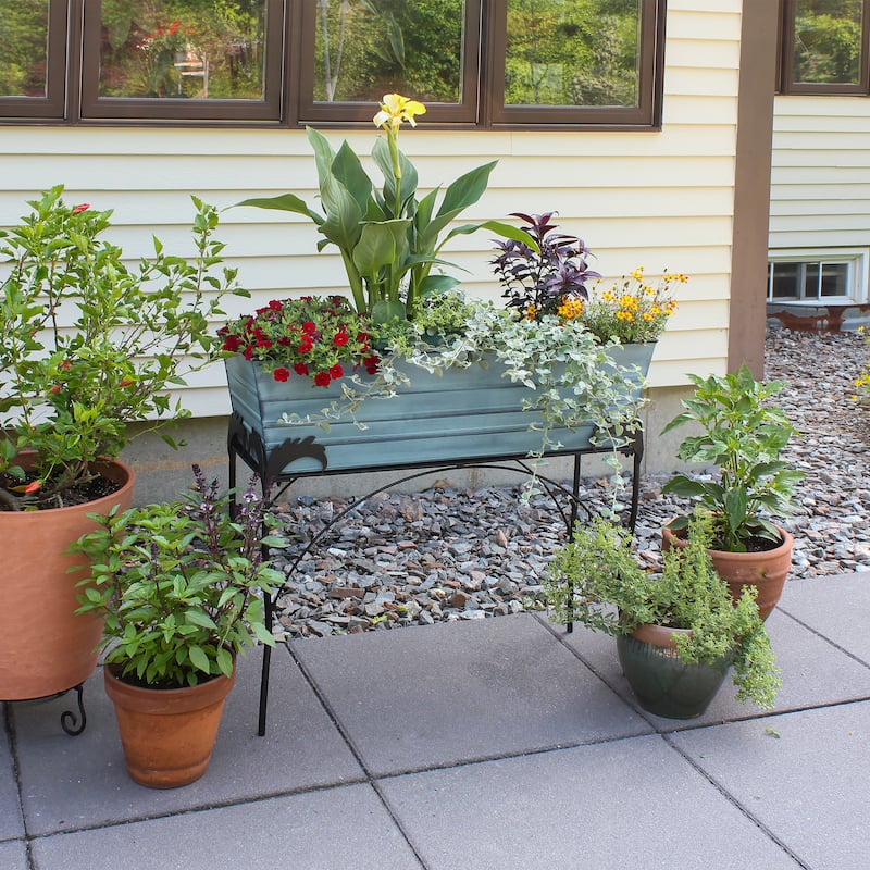 Achla Designs 30"H Rectangular Galvanized Steel Indoor Outdoor Large Flower Box w/Black Wrought Iron Flora Stand