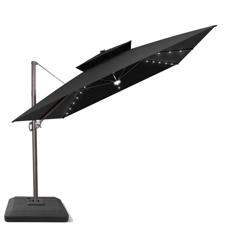11 FT Square Outdoor Patio Cantilever Umbrella Solar LED Lighted with Weight Base - Black
