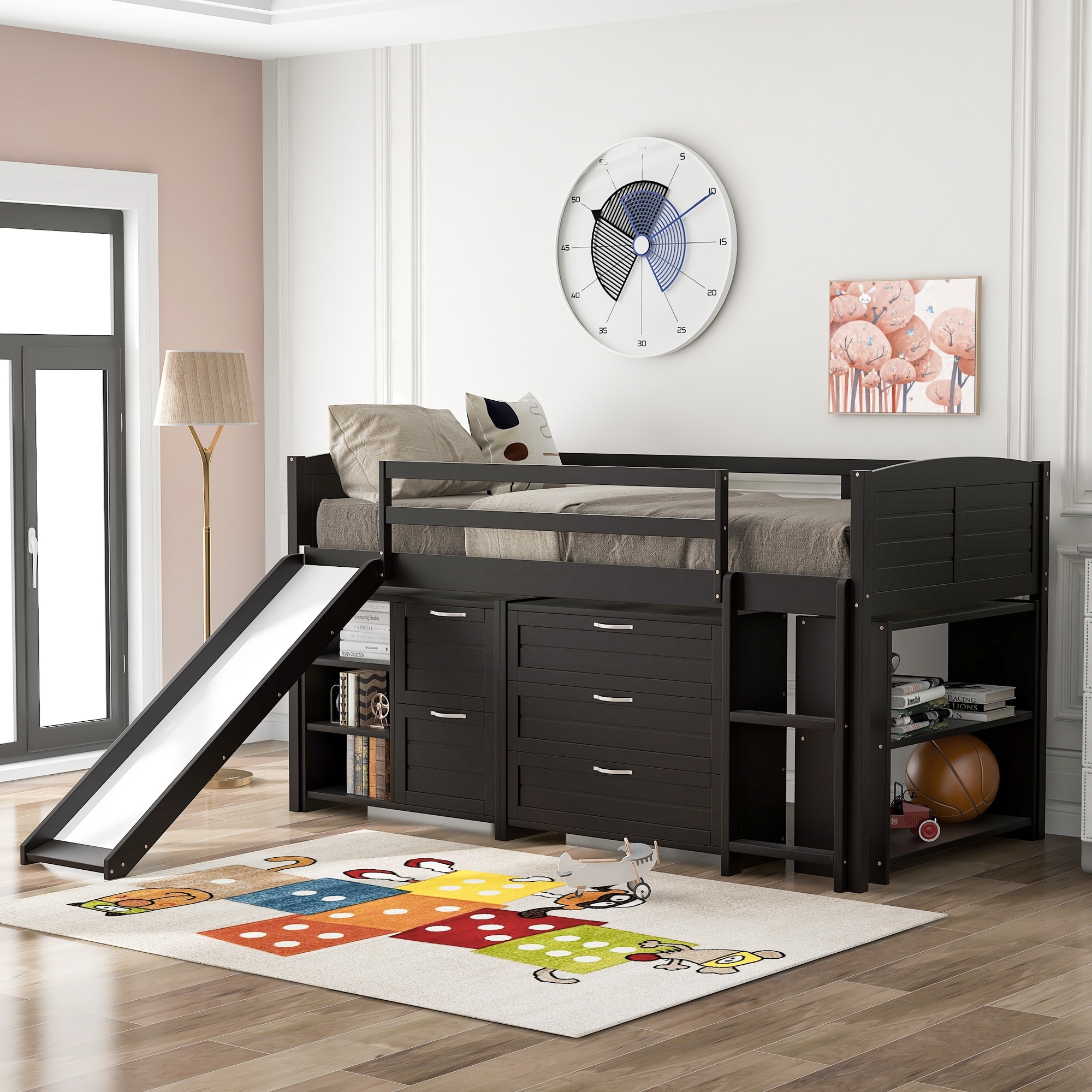 Twin Loft Bed with Slide Kids Loft Bed with Storage Shelves and