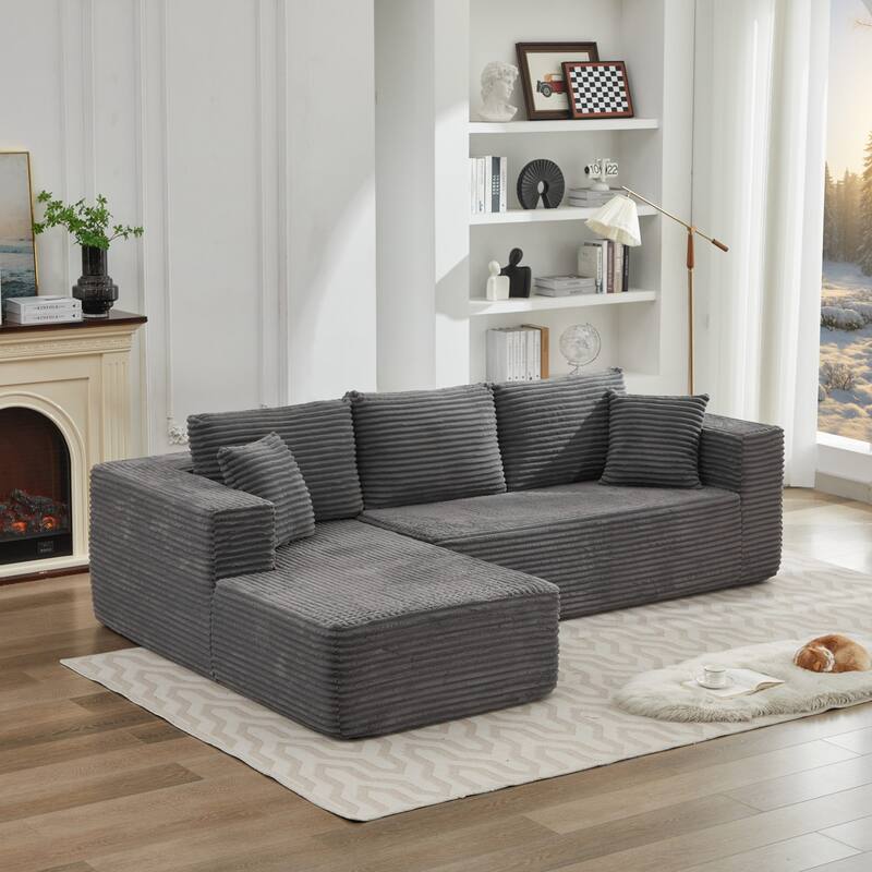 Modular Sectional Sofa with L-Shape Chaise, Oversized Corduroy Upholstered Cloud Sofa, Deep Seat Sofa with 2 Throw Pillows