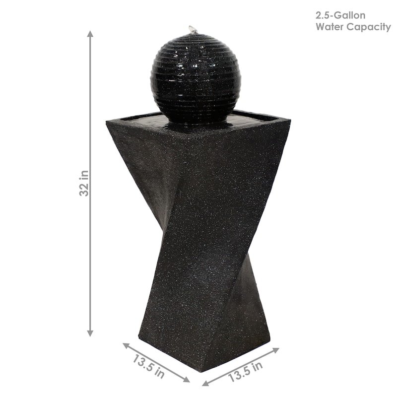Black Ball Solar Outdoor Water Fountain with Battery - 32" with LED