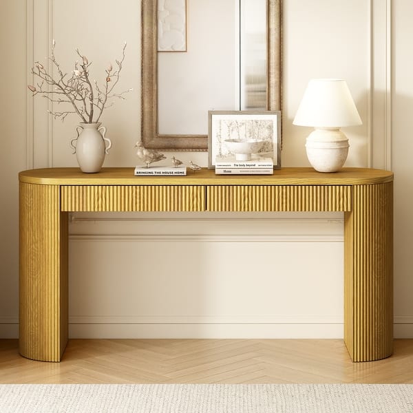 Narrow Entryway Table Fluted Wood Console Table w/ 2 Storage Drawers ...