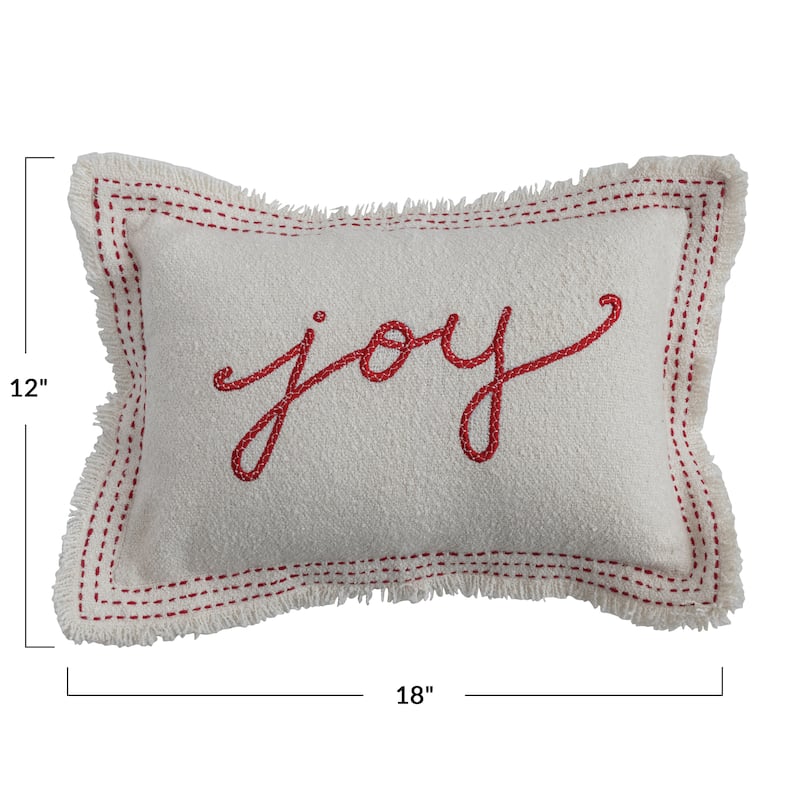 Woven Cotton Blend Textured Lumbar Pillow with Embroidery and Fringe "Joy"