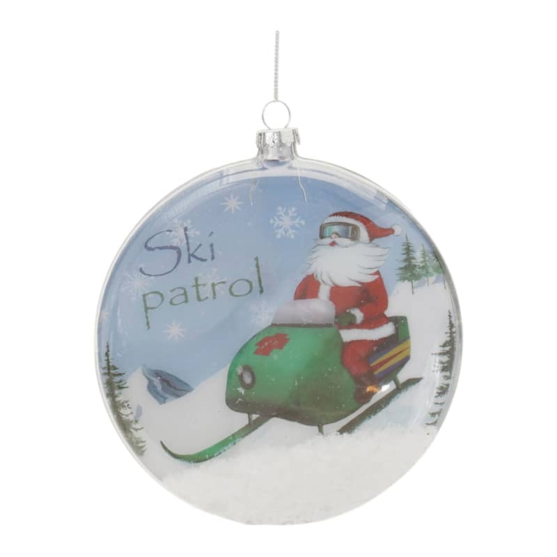 Set of 6 Santa Ski Disc Ornaments Glass Holiday Tree Decor with Silver Hanger - 4.75 x 2 x 5.25"