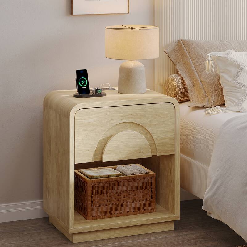 Bestier - Nightstand with Charging Station & Open Shelf, Modern Bedside Table End Table for Bedroom Living Room - Set of 2