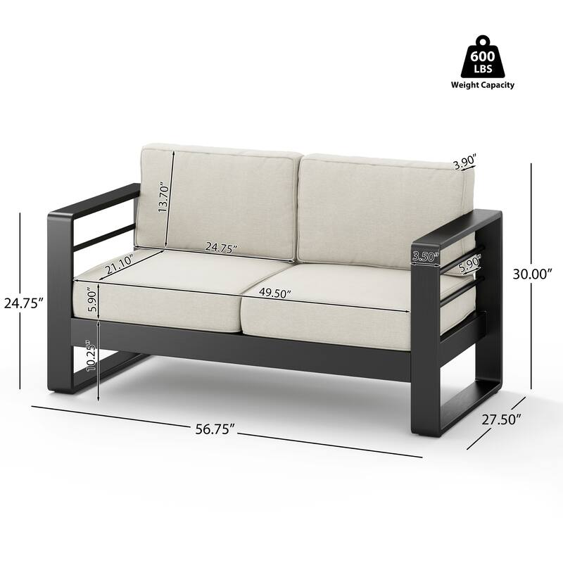 Roomfitters Maya Bay Outdoor Aluminum Loveseat with Rust Resistant Frame, Black and Beige