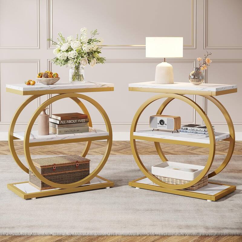 3 Tiers End Table, Wood Side Table for Living Room, Slim Nightstand - 2 Pcs - White & Gold