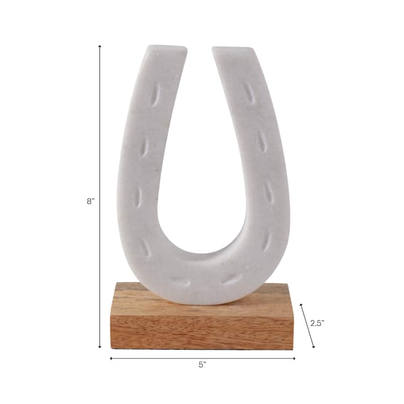 Marble Horseshoe Figurine with Wooden Base - 8", White & Brown - 8.25"