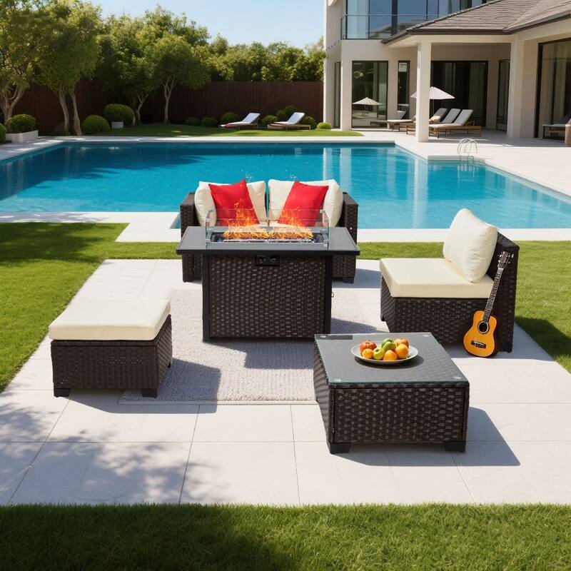 Beige-Mix Brown PE Rattan 6-Piece Patio Furniture Set with 44-Inch Fire Pit Table and Cushioned Steel Frame Sofas