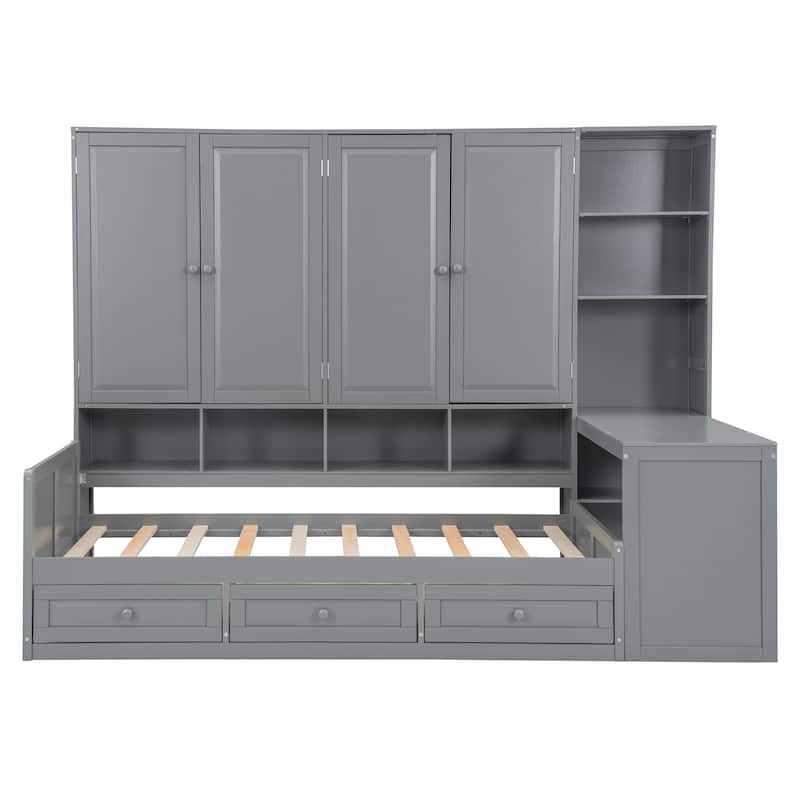 Roomfitters Wooden Daybed with 3 Storage Compartments, Desk, Side Cabinet and Shelves