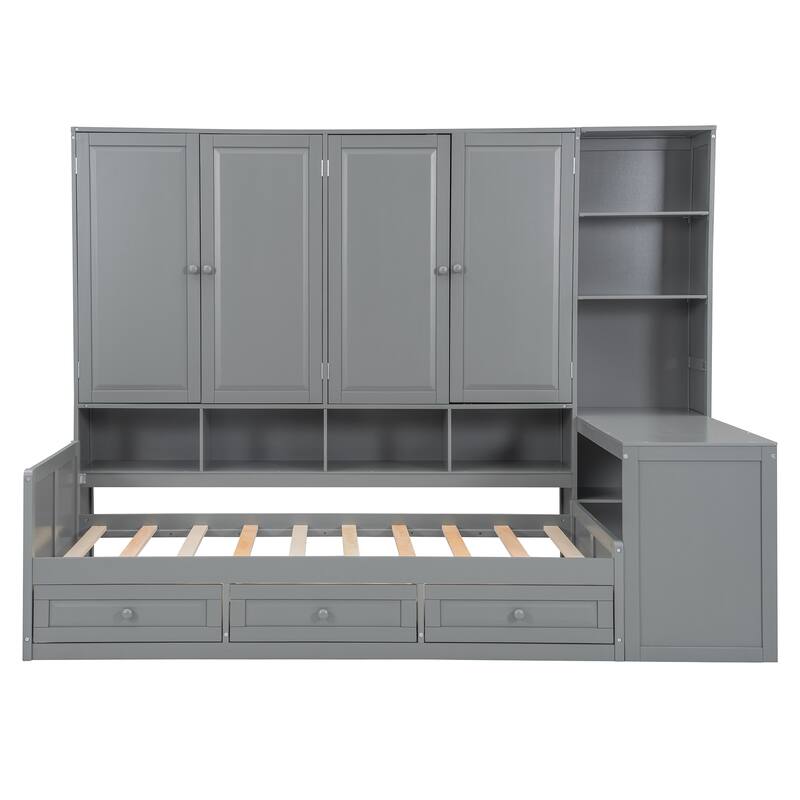 Wooden Daybed Frame All-in-One Bookcase Captains Bed with Storage Cabinet, Wardrobe, Side Writing Desk and 3 Bottom Drawers