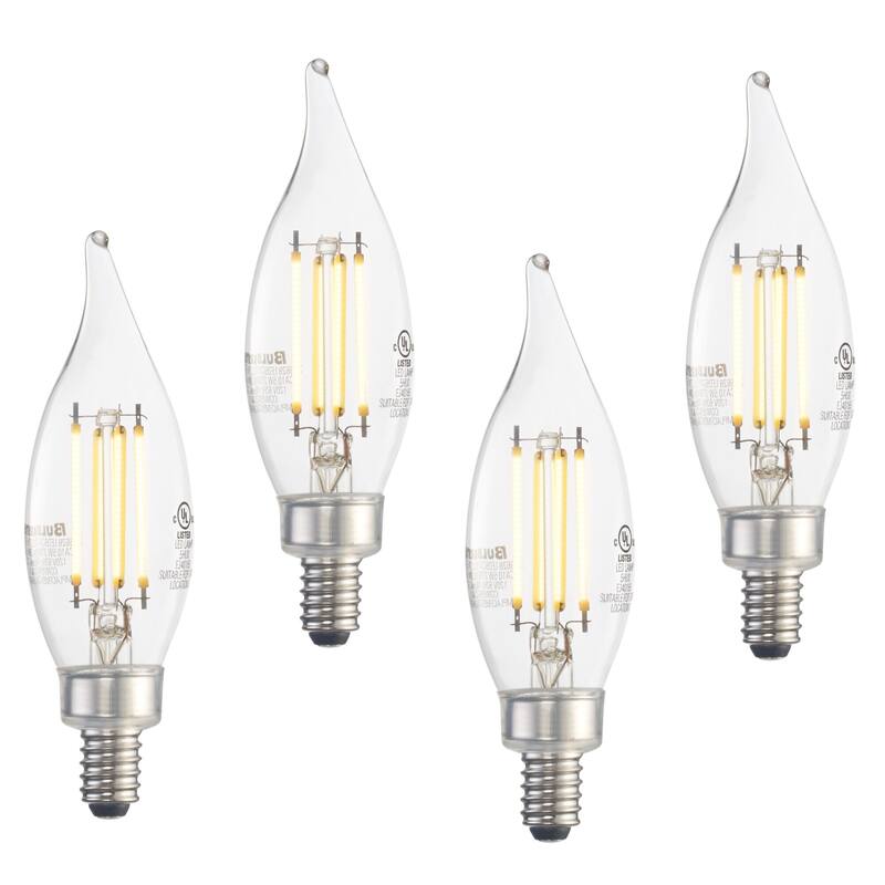 Bulbrite Pack of (4) Dimmable Clear Filament CA10 Candelabra (E12) LED Bulb - 5Watt- 500 Lumens, 2700K, and 80 CRI - Warm White Light