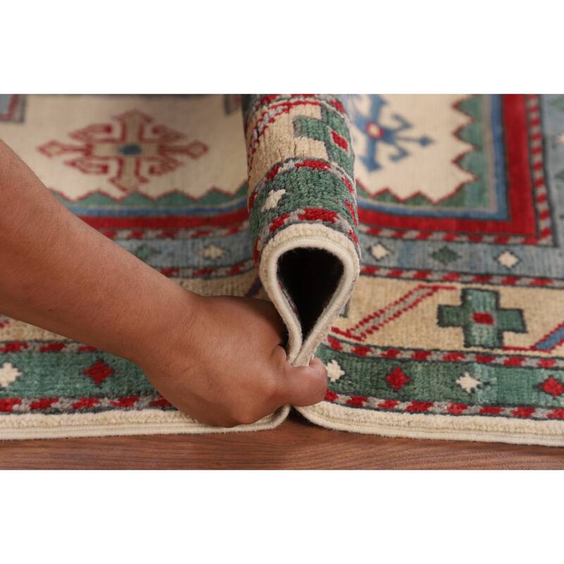 Ivory Geometric Kazak Accent Rug Hand-Knotted Wool Carpet - 3'5" x 5'0"