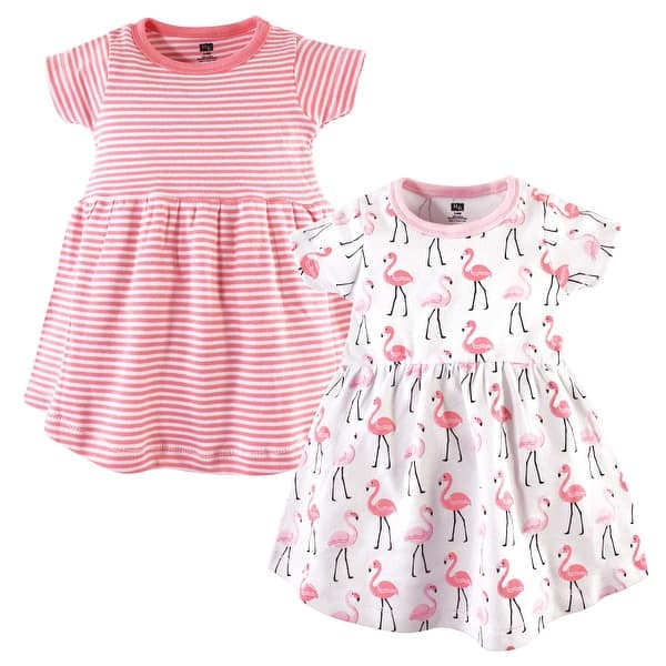 slide 1 of 1, Hudson Baby Infant and Baby Girl Cotton Short-Sleeve Dresses 2pk, Flamingos 0-3 Months - Flamingos