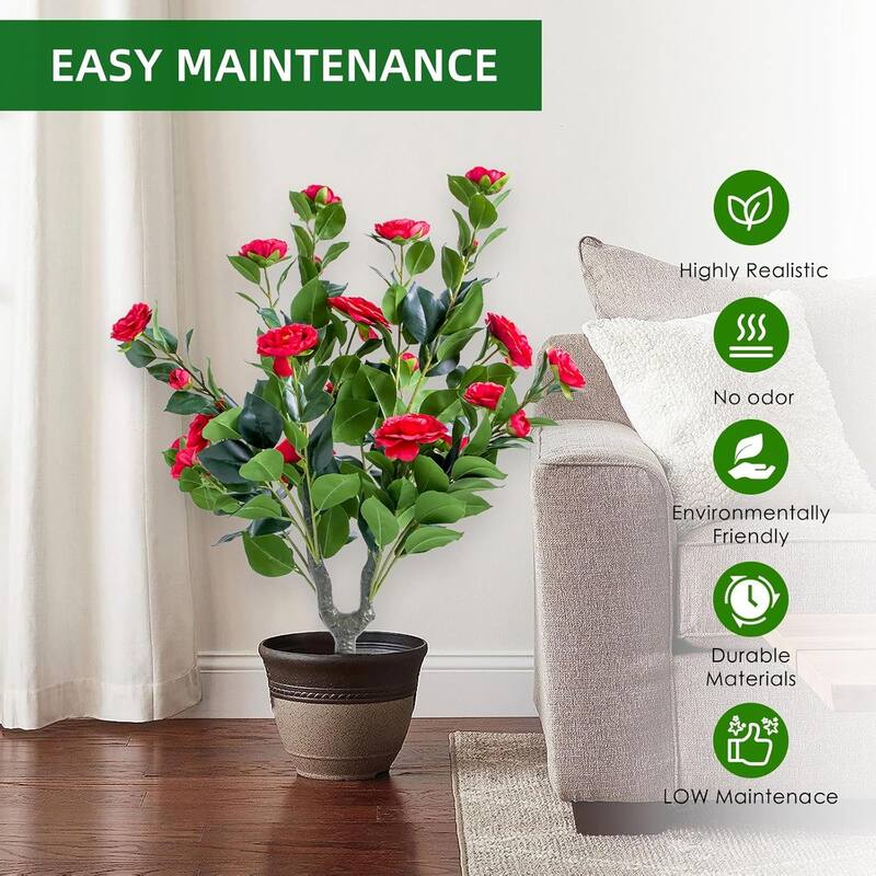 35.4" Artificial Topiary Flower with Ground Spike Set of 2,Artificial Trees with Camellia Flowers
