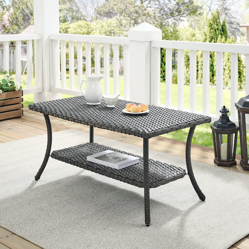 Pocassy Outdoor Wicker Coffee Table with 2-Tier Storage Shelf Brown - Grey