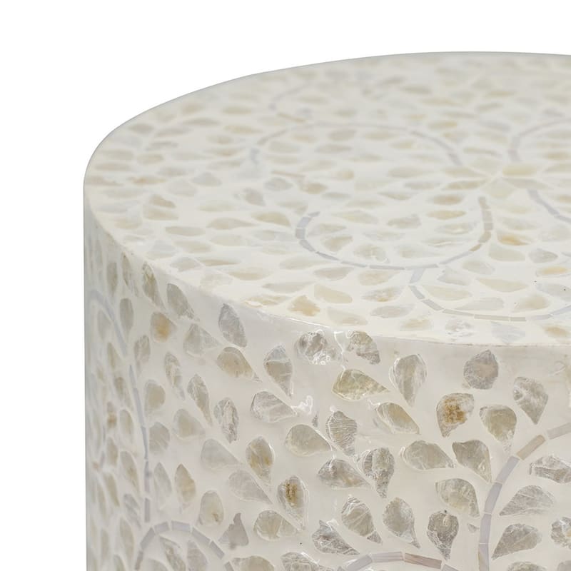 18 Inch Luxury Accent Table Stool, Foliage Star Pattern, Champagne White
