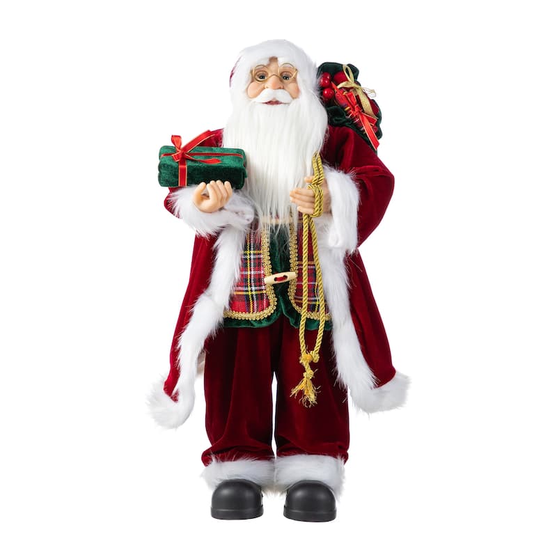 Glitzhome 18"H Faux Fur Christmas Santa Figurines with Porcelain Face