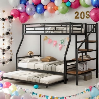 Stylish & Simple Twin over Full Size Metal Bunk Bed with Trundle and Storage Staircase, Strong & Sturdy Construction, Black