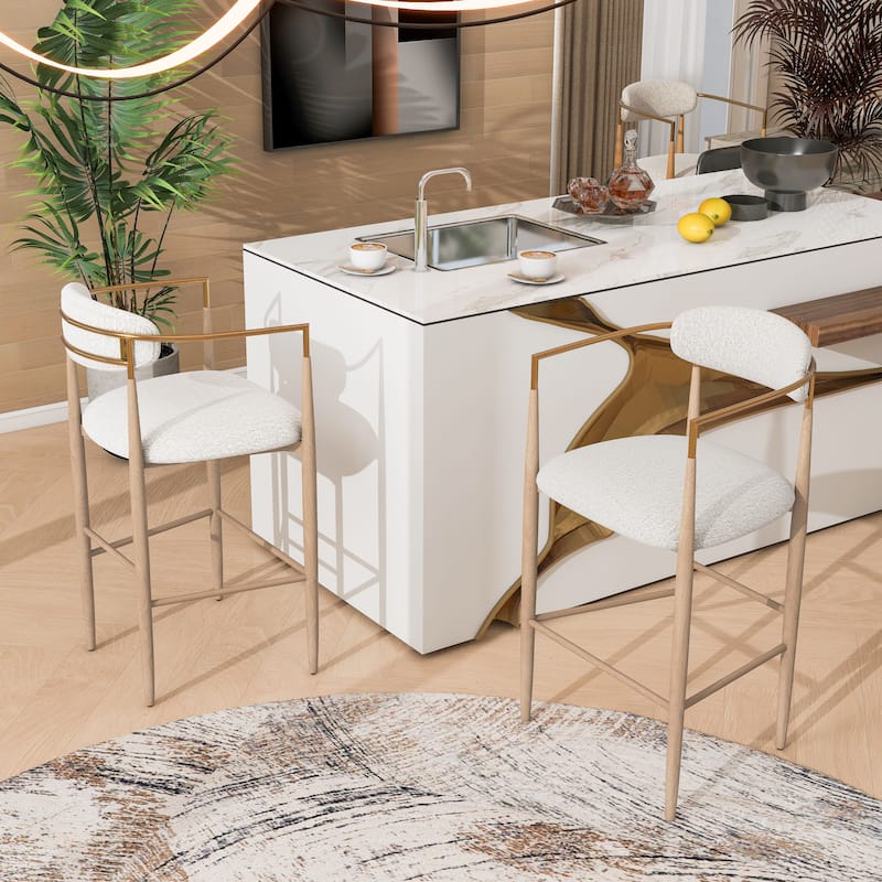 Roomfitters Upholstered Barstool Set of 2, Counter Height Seating with Backs and Iron Legs - Beige+Natural