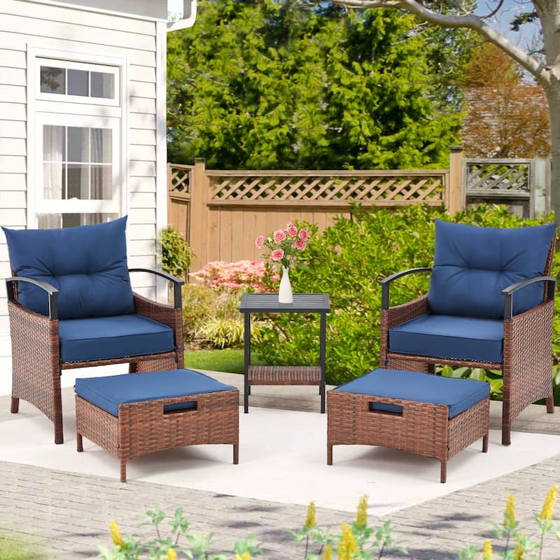 AVAWING 5-Piece Patio Furniture Set Wicker Conversation Set with Coffee Table and Ottoman - Blue