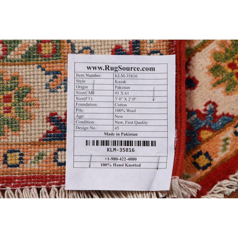 Red Kazak Oriental Accent Foyer Rug Handmade Traditional Wool Carpet - 2'0"x 3'0"