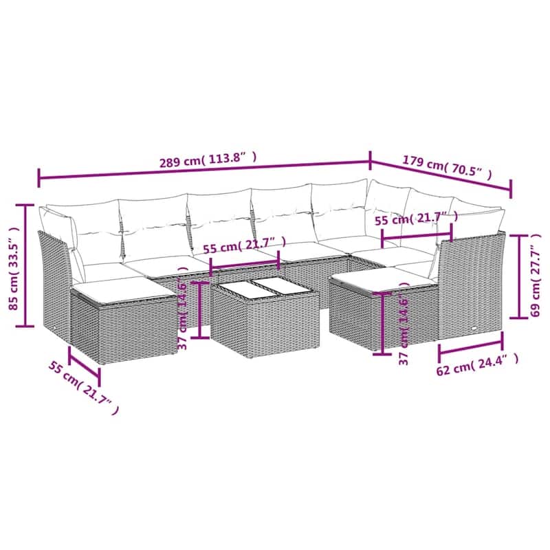 vidaXL Patio Sofa Set with Cushions Outdoor Conversation Furniture Poly Rattan - 21.7" x 24.4" x 27.2"