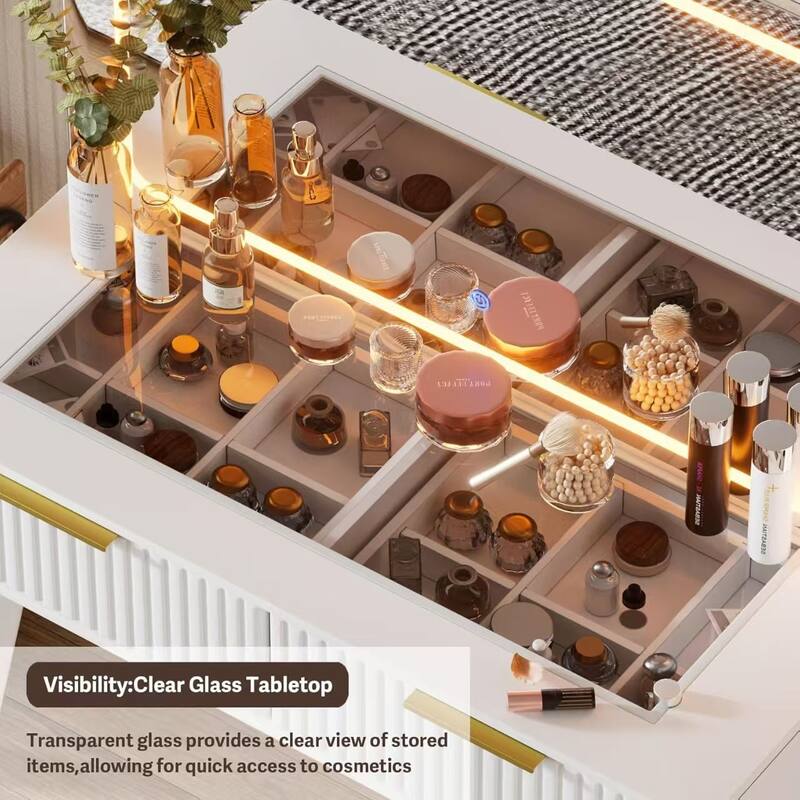 Vanity Desk with with Mirror and Lights,Makeup Vanity Table with Glass Top and Drawers&Cushioned Stool,Dressing Table