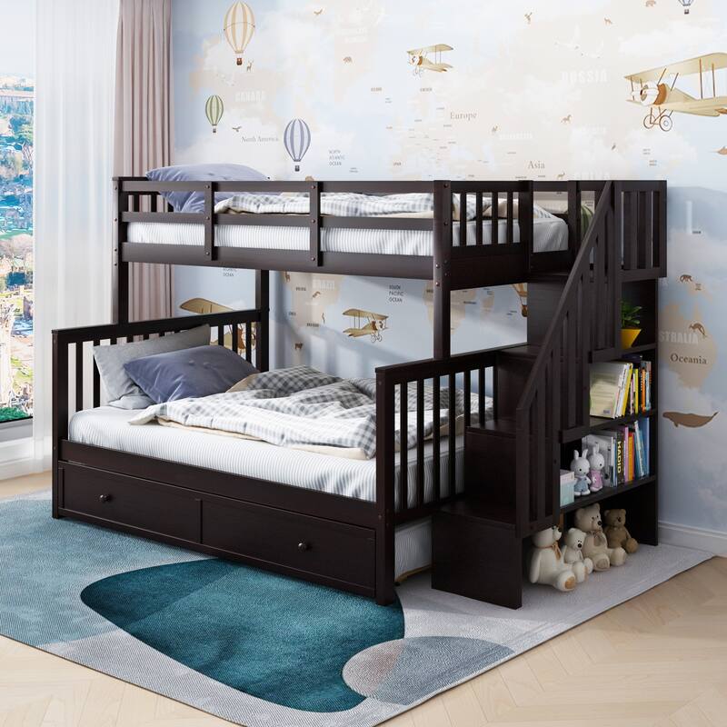 Twin Over Full Size Wood Bunk Bed with Twin size Trundle, Stairway, Storage and Guard Rail - Espresso