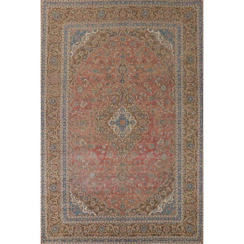 Distressed Mashad Vintage Persian Area Rug Hand-Made Wool Carpet - 9'7" x 13'2"