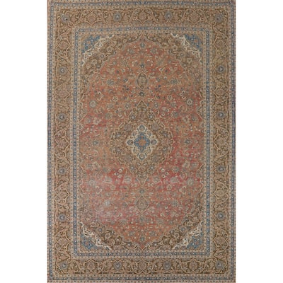 Distressed Mashad Vintage Persian Area Rug Hand-Made Wool Carpet - 9'7" x 13'2"