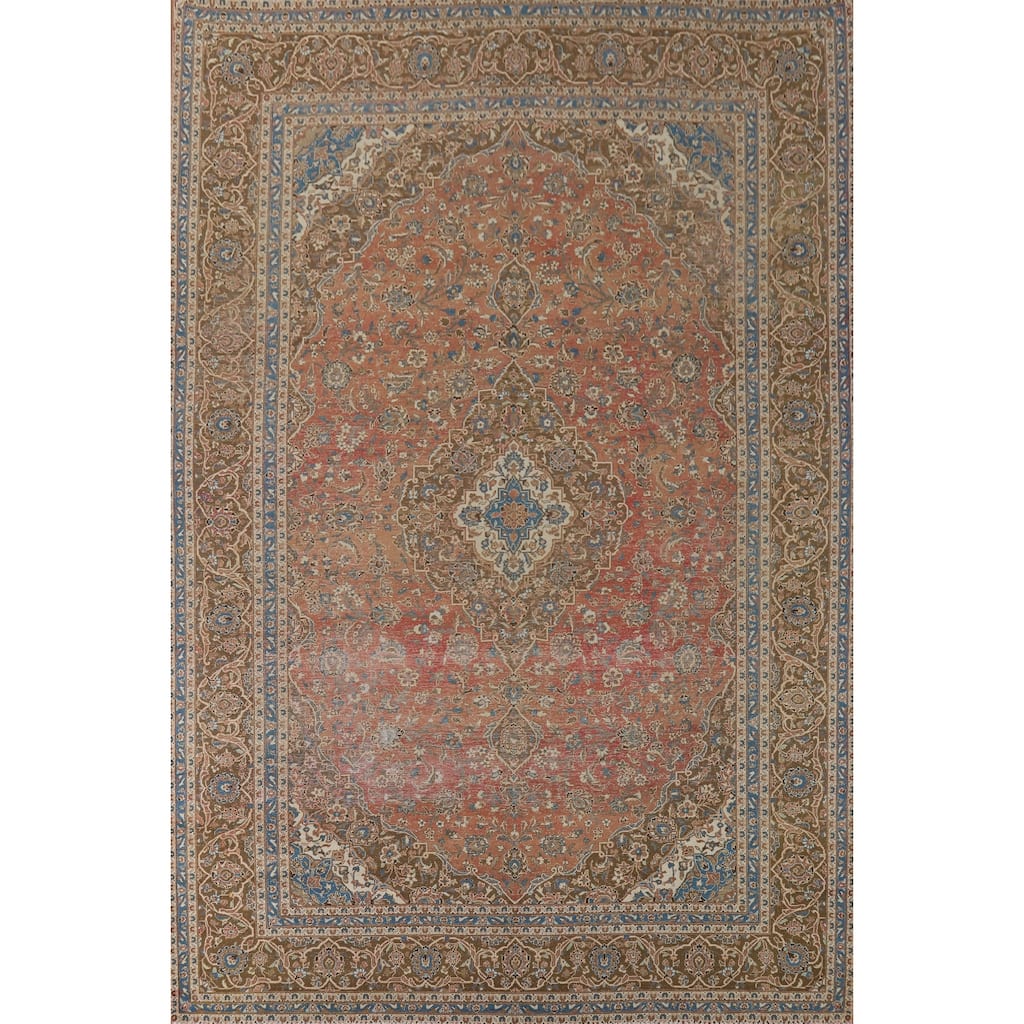 Distressed Mashad Vintage Persian Area Rug Hand-Made Wool Carpet - 9'7" x 13'2"