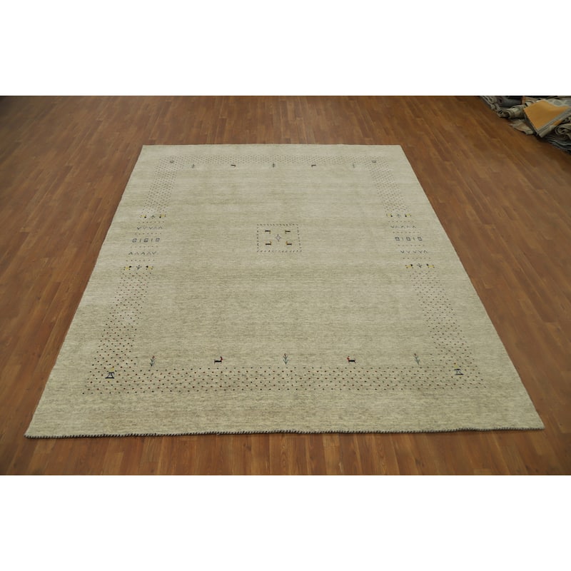 Hand Knotted Oriental 100% Wool Carpet Tribal Animal Pictorial Beige & Ivories Gabbeh Area Rug - 9' 9'' X 8' 2''