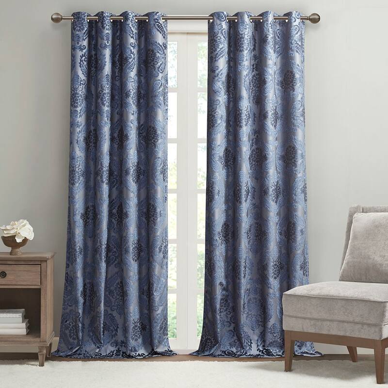 Knitted Jacquard Paisley Total Blackout Grommet Top Curtain Panel(Only 1 Pc Panel)