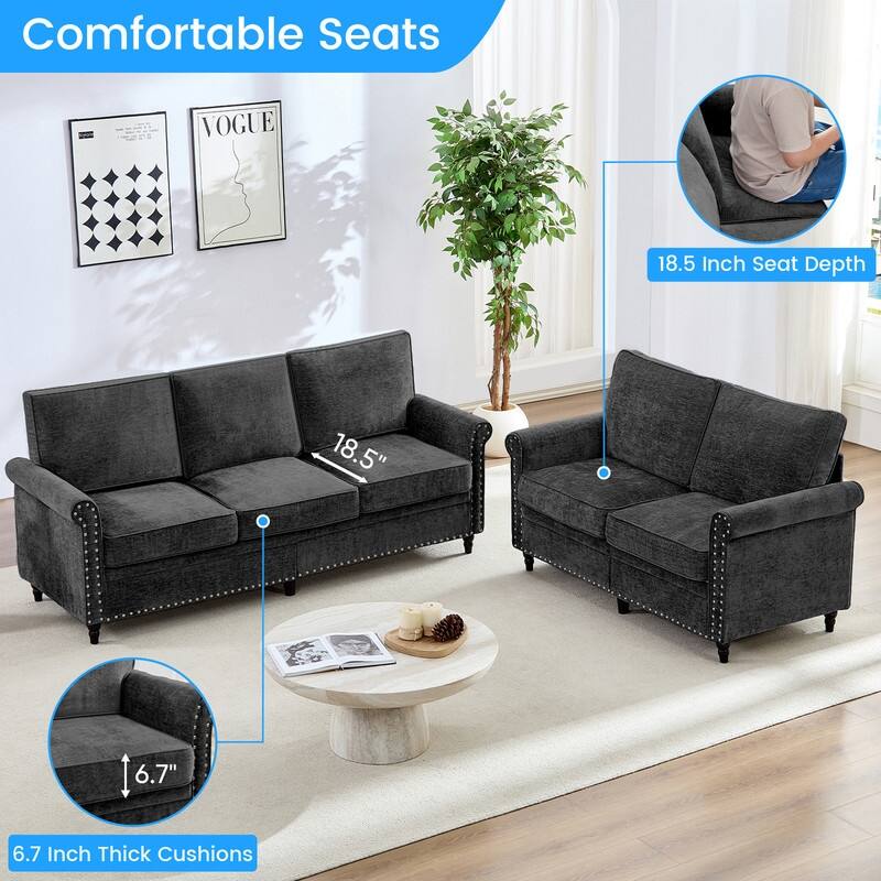 Mixoy 2 Piece Living Room Sofa Set with Riveted Design,Chenille Nailhead W76''3-Seater Sofa Couch with W53''Loveseat Sofa