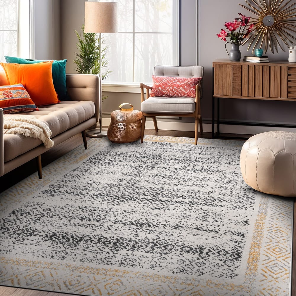 World Rug Gallery Distressed Bohemian Border Area Rug