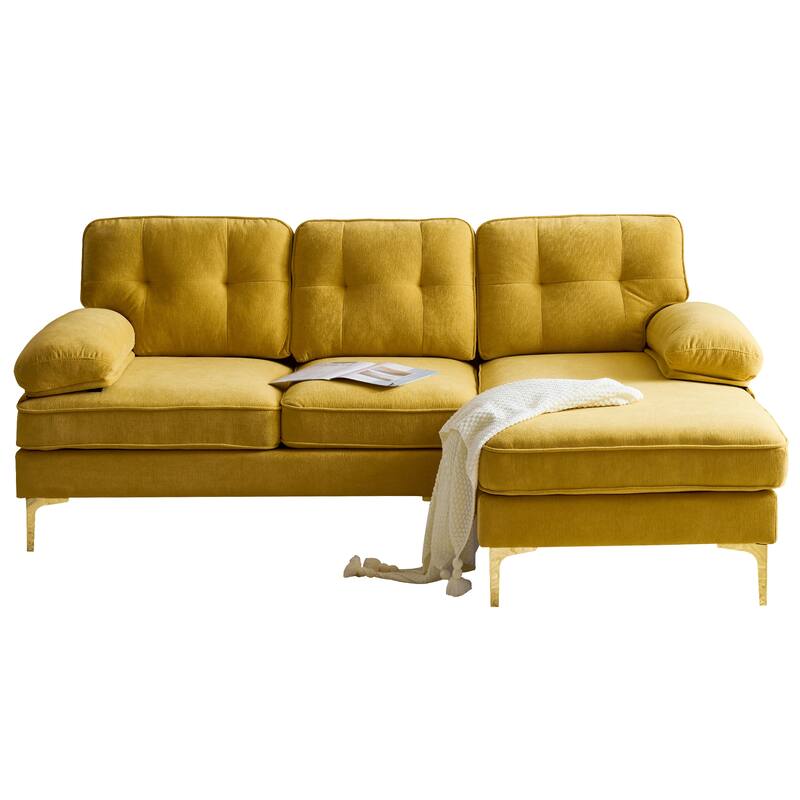 Velvet Sectional Sofas Couches with Pillow Top Arms and Upholstered Backrest, Modern L-Shaped Couches with Metal Legs
