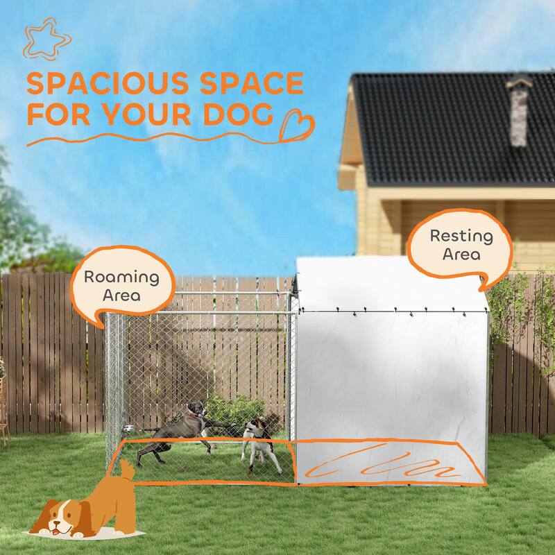 PawHut Large Outdoor Dog Kennel, Heavy Duty Dog Kennel Outside with Waterproof & UV-Resistant Cover, Rotating Bowls Door